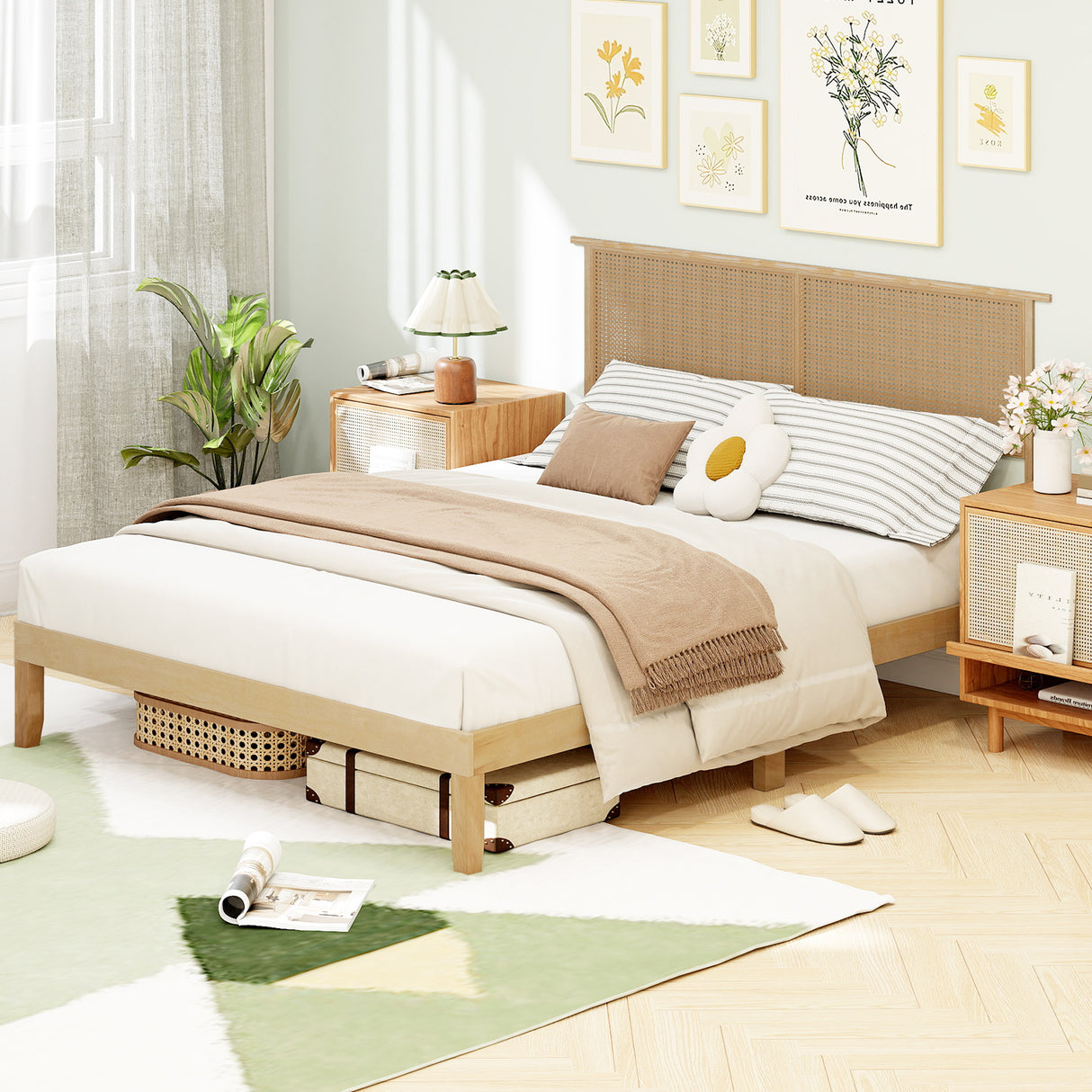 Twin/Full/Queen Size Bed Frame with Rattan Headboard-Queen Size