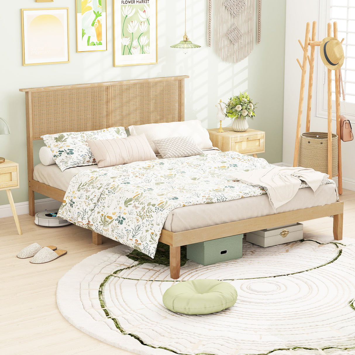 Twin/Full/Queen Size Bed Frame with Rattan Headboard-Queen Size
