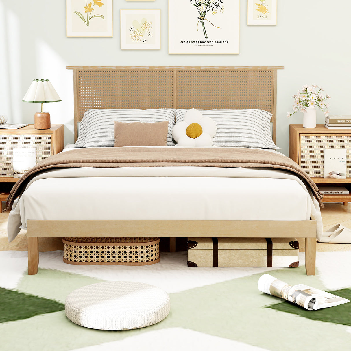 Twin/Full/Queen Size Bed Frame with Rattan Headboard-Queen Size