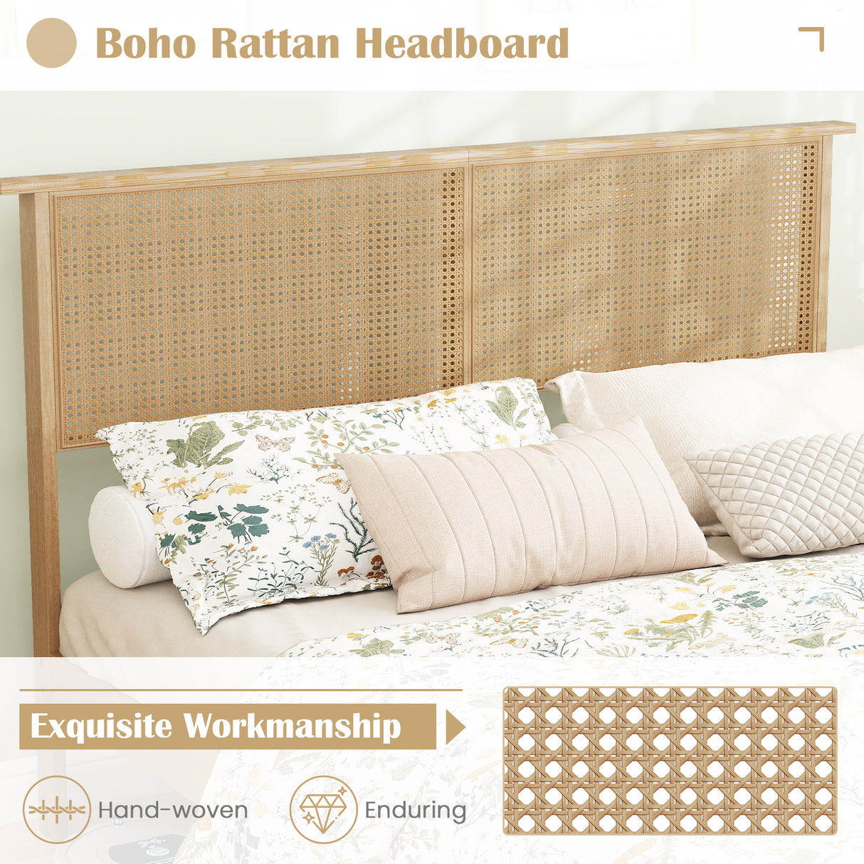 Twin/Full/Queen Size Bed Frame with Rattan Headboard-Queen Size