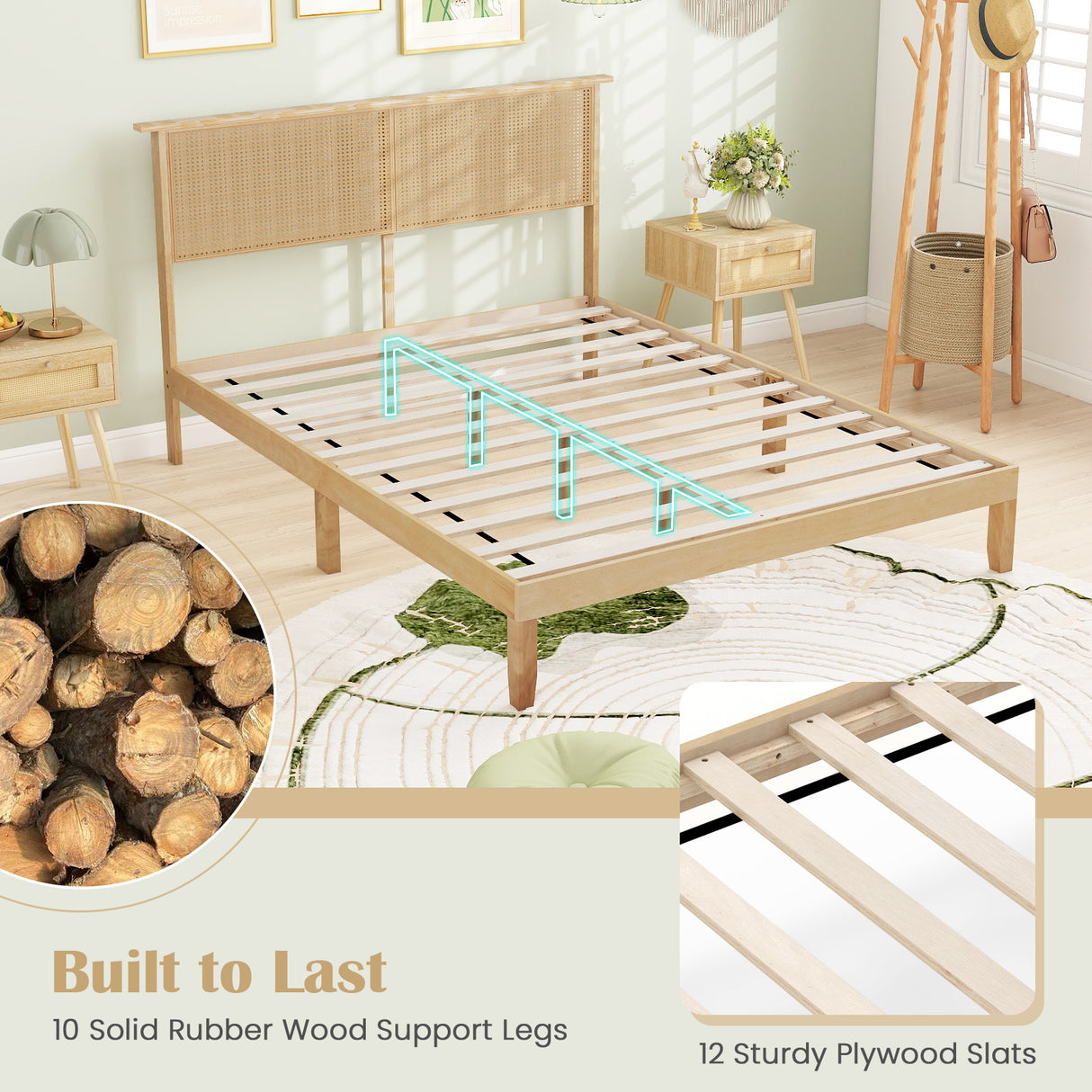 Twin/Full/Queen Size Bed Frame with Rattan Headboard-Queen Size