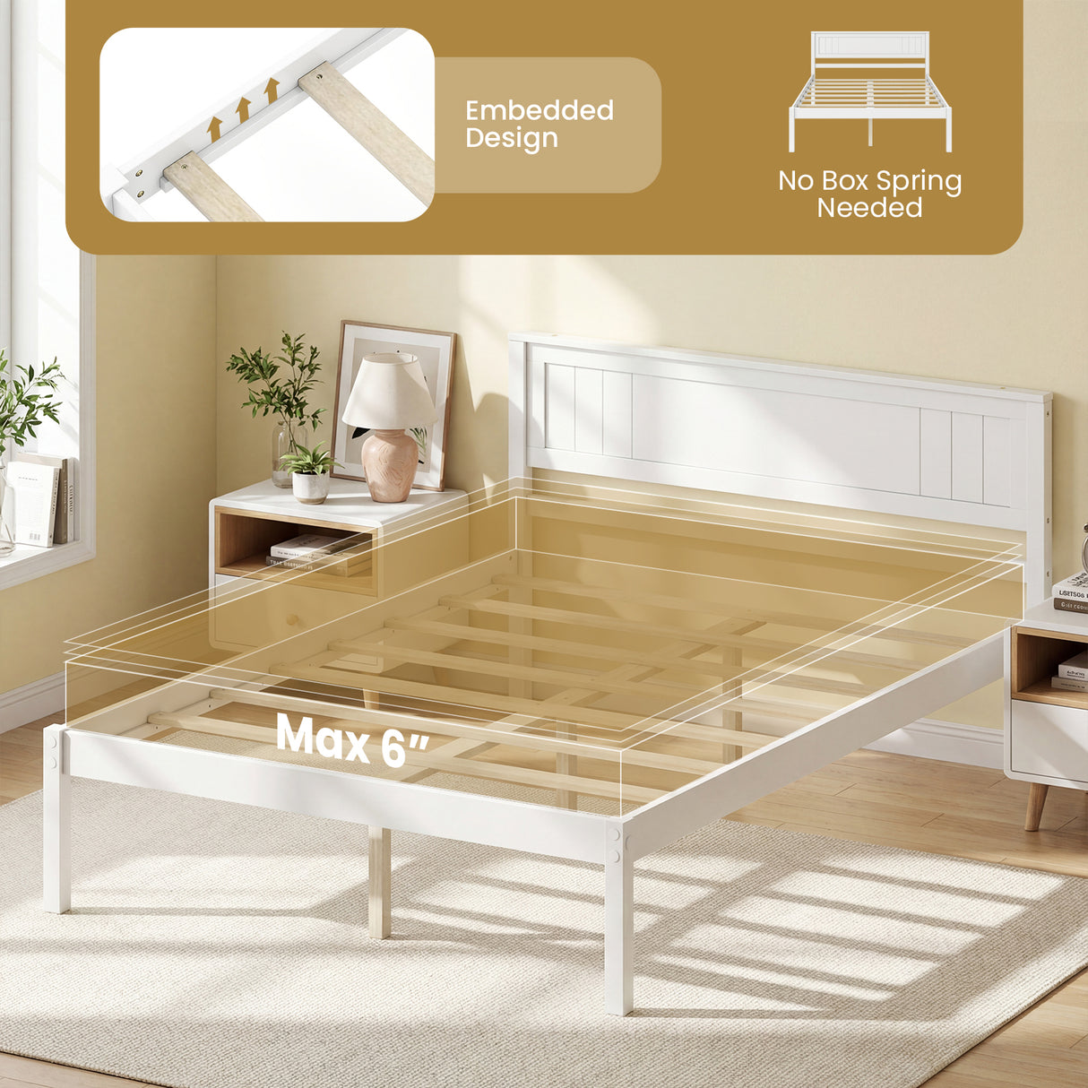 Twin/Full/Queen Size Sturdy Wooden Bed Frame with Headboard and Slat Support-Full Size