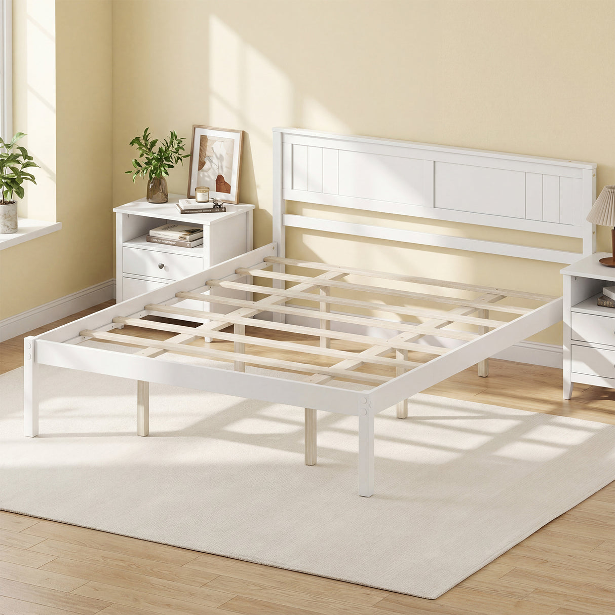 Twin/Full/Queen Size Sturdy Wooden Bed Frame with Headboard and Slat Support-Queen Size