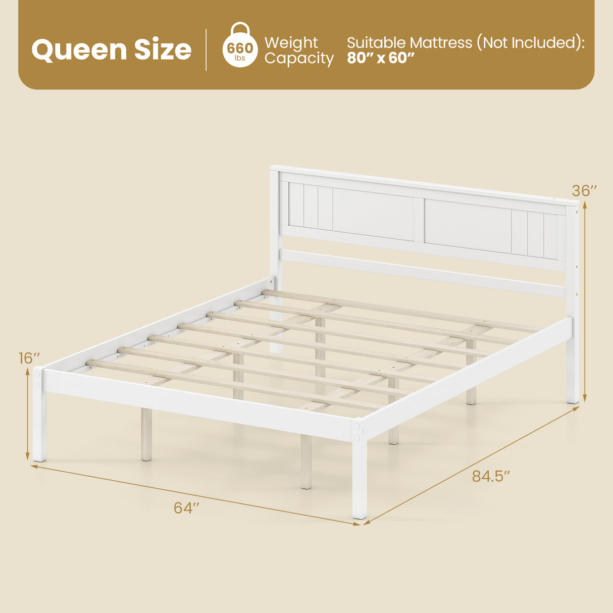 Twin/Full/Queen Size Sturdy Wooden Bed Frame with Headboard and Slat Support-Queen Size