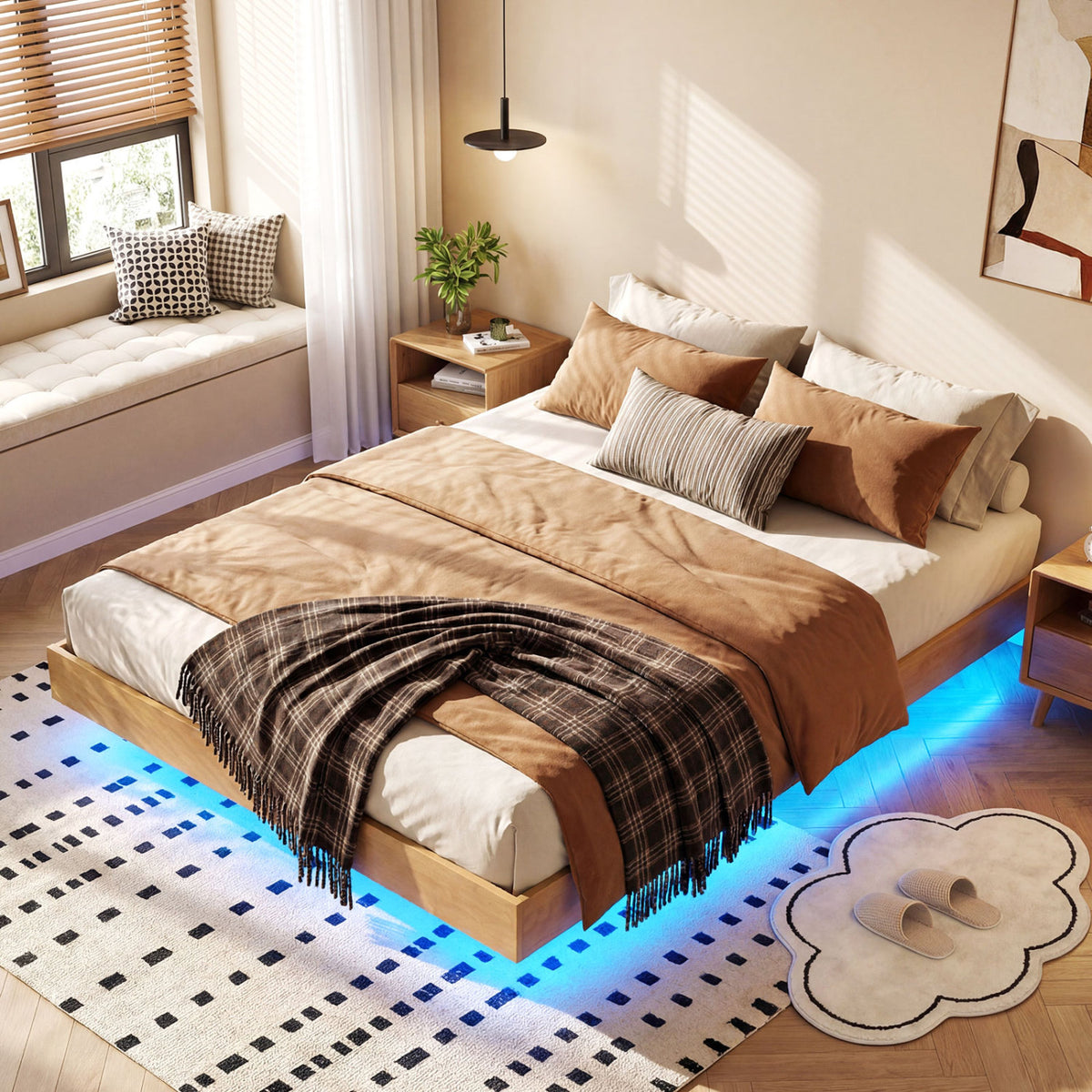 Twin/Full/Queen Size Floating Bed Frame with LED Lights for Bedroom-Full