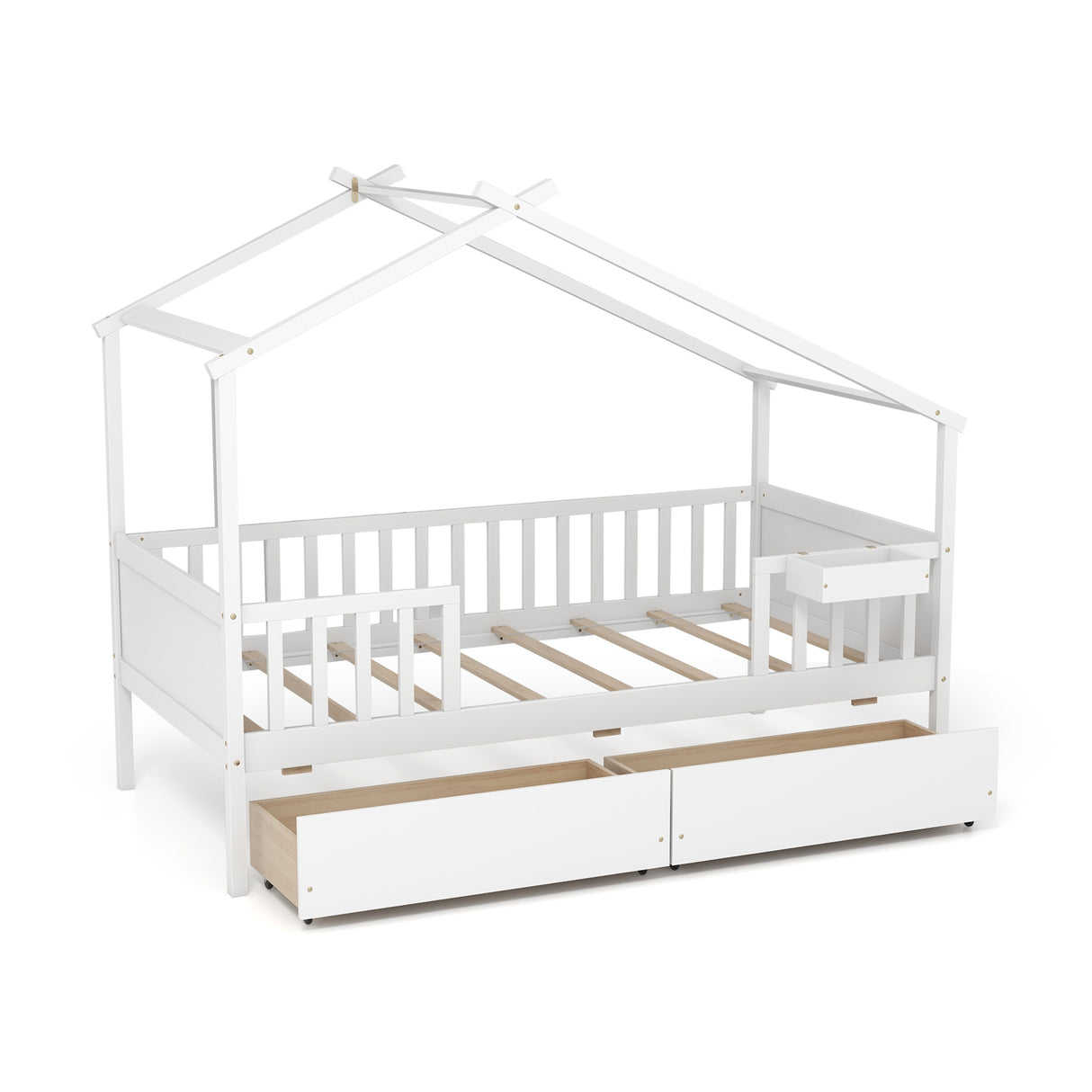 Twin House Bed with 2 Storage Drawers and Roof & Fence Rails-White