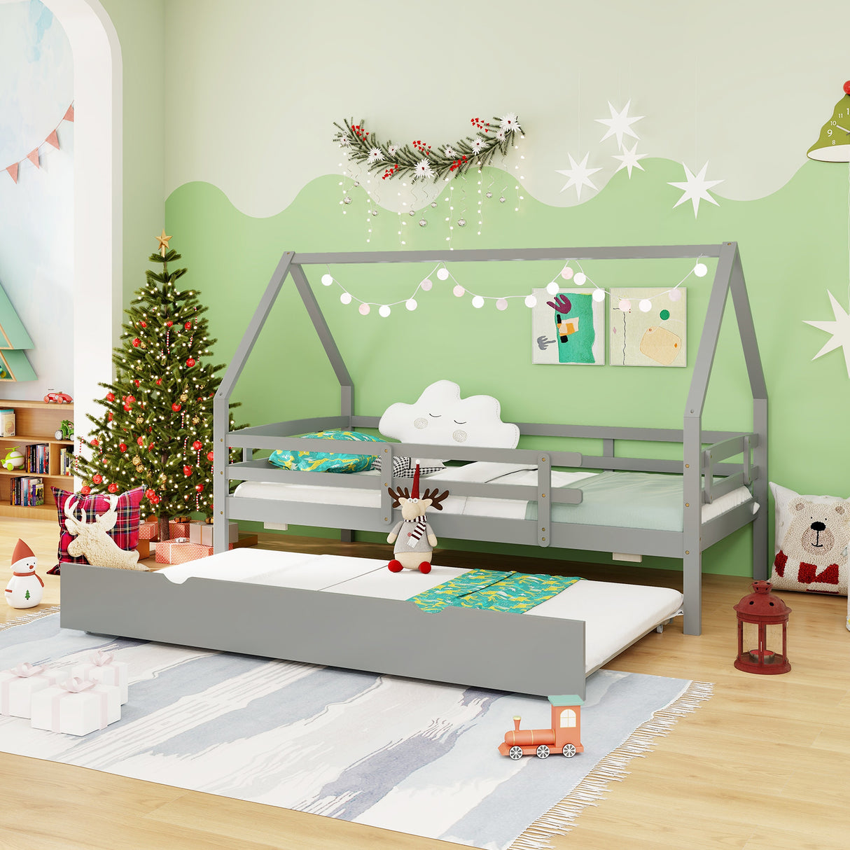 Twin House Bed with Trundle and Fence Rail-Gray
