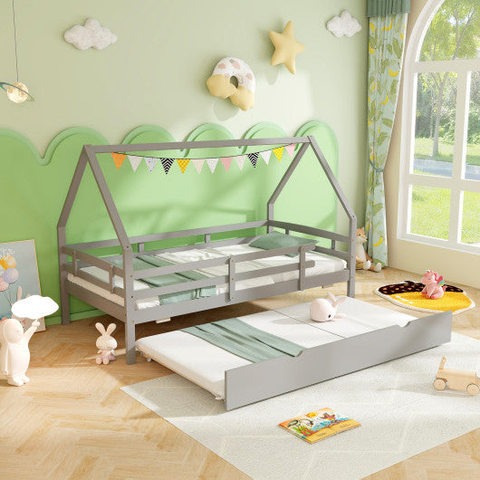Twin House Bed with Trundle and Fence Rail-Gray