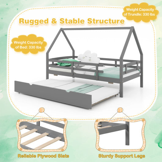Twin House Bed with Trundle and Fence Rail-Gray