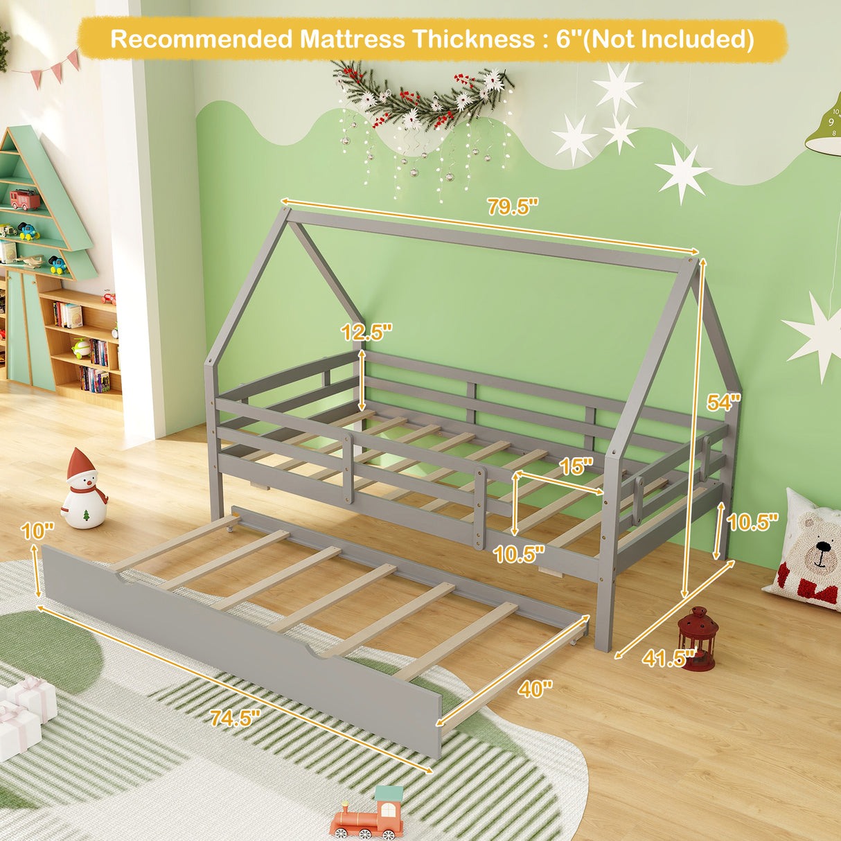 Twin House Bed with Trundle and Fence Rail-Gray