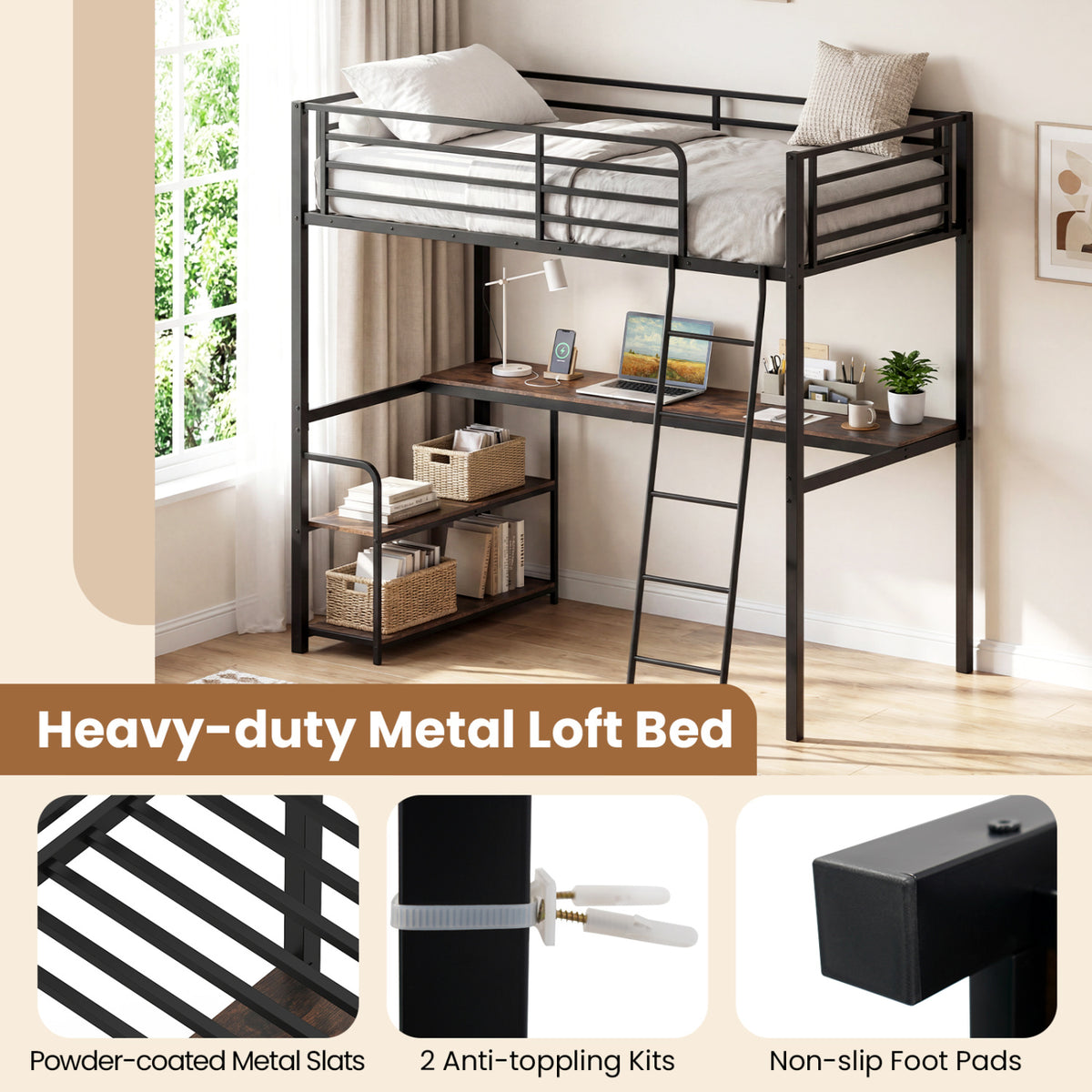 Twin Loft Bed with Desk and Shelves for Kids and Adults-Rustic Brown
