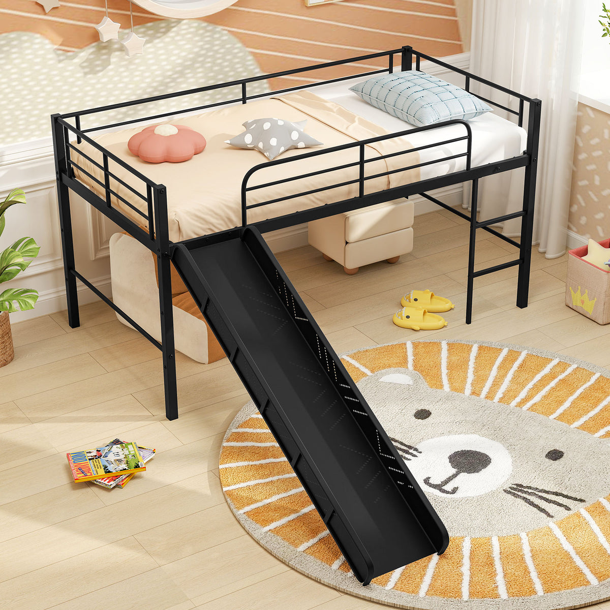 Twin Metal Loft Bed with Slide Safety Guardrails and Built-in Ladder-Black