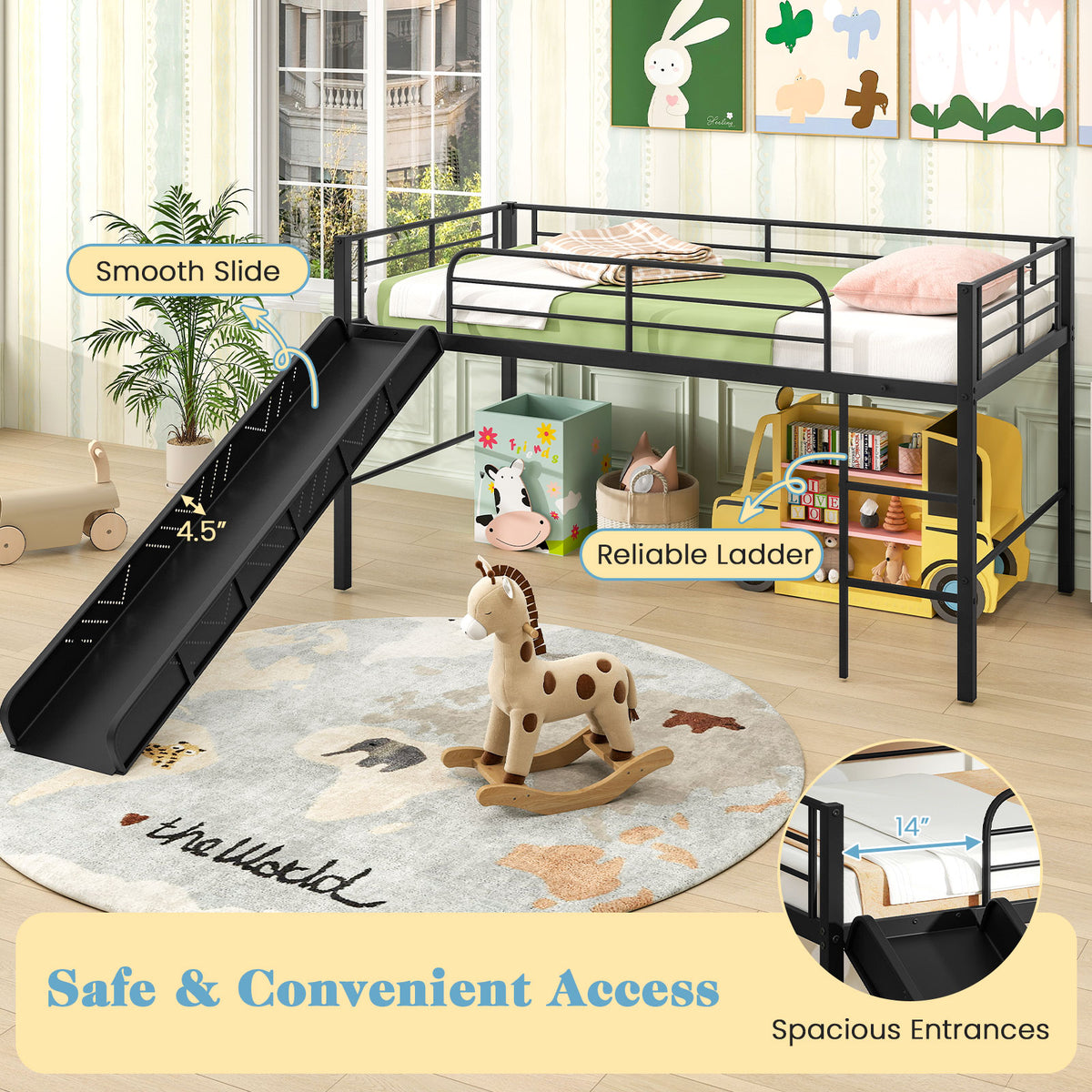 Twin Metal Loft Bed with Slide Safety Guardrails and Built-in Ladder-Black