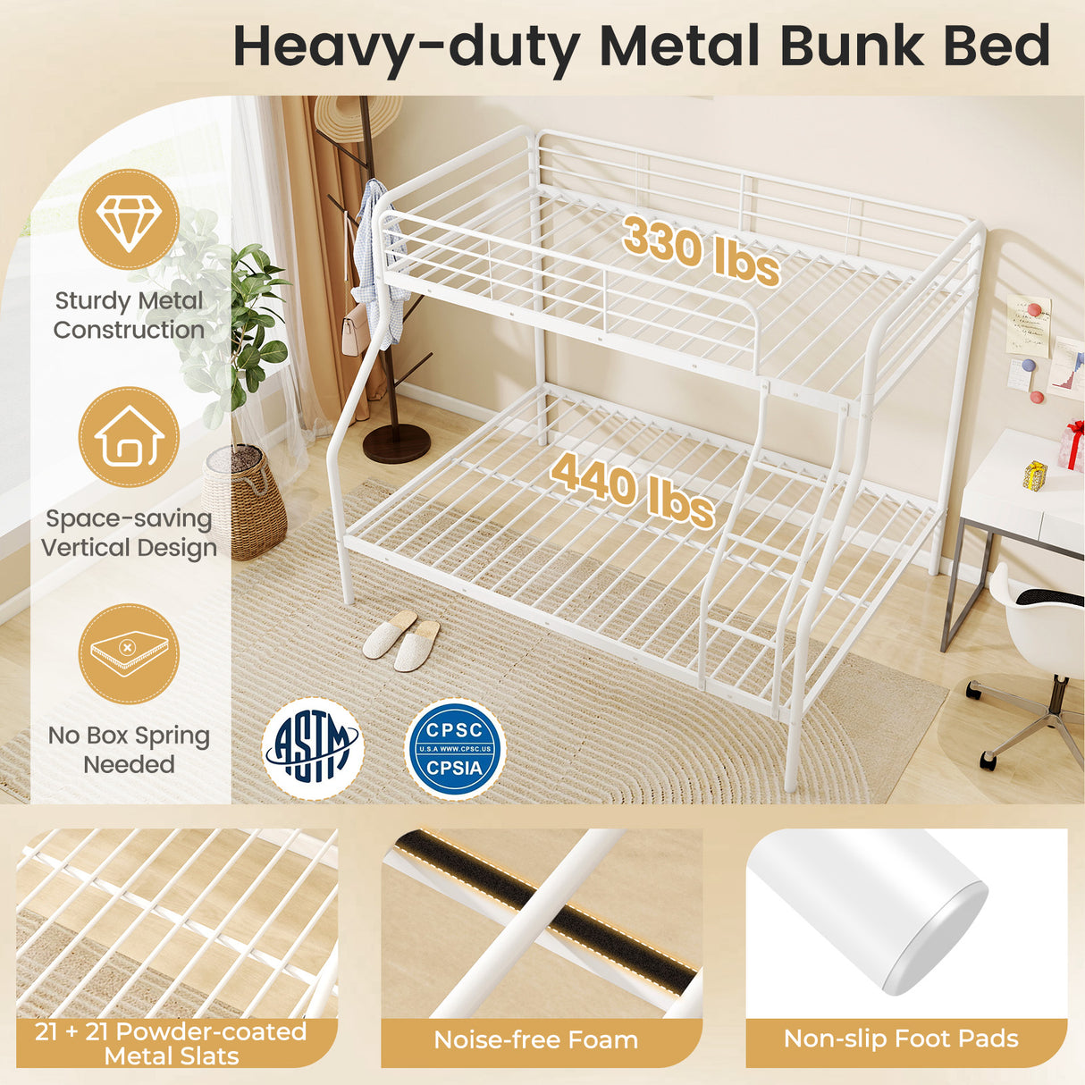 Twin Over Full Bunk Bed with Ladder and Full-length Guardrails-White