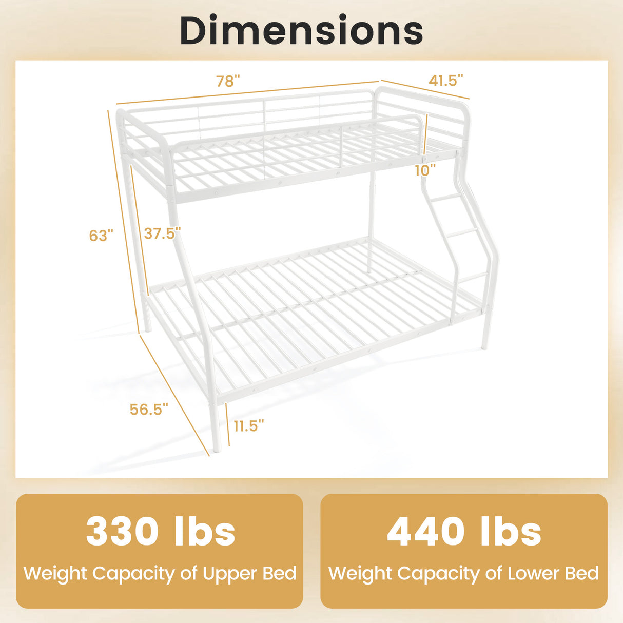 Twin Over Full Bunk Bed with Ladder and Full-length Guardrails-White