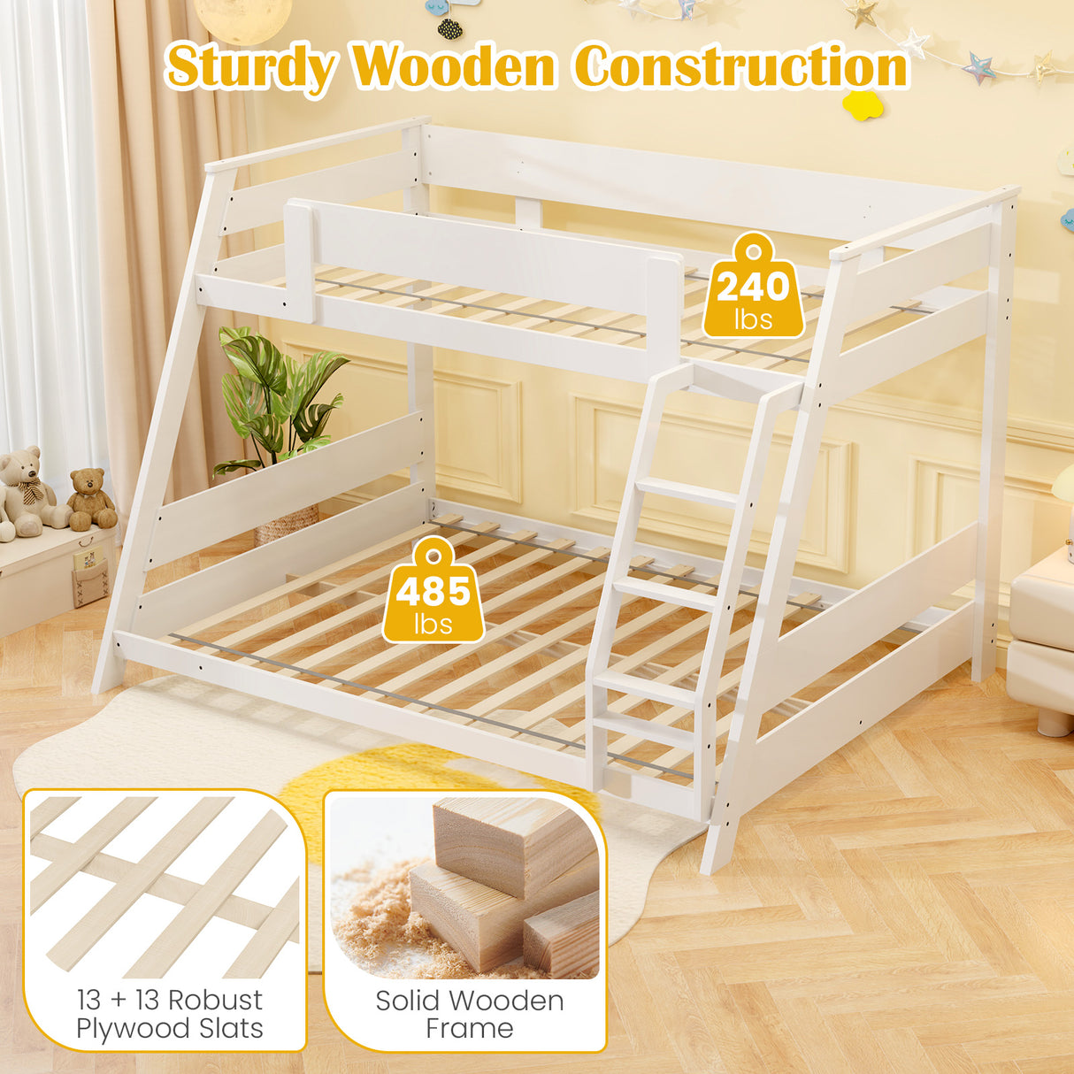 Twin Over Full Low Bunk Bed with Reversible Ladder-White