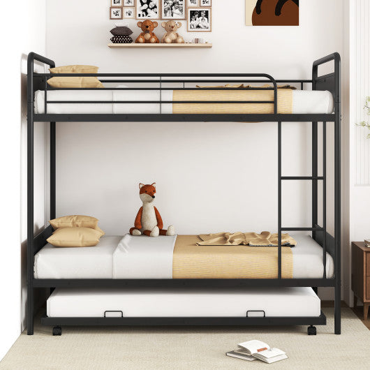 Twin Over Twin Bunk Bed with Trundle with Ladder and Full-length Guardrails-Black