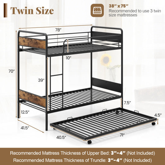 Twin Over Twin Bunk Bed with Trundle with Ladder and Full-length Guardrails-Black