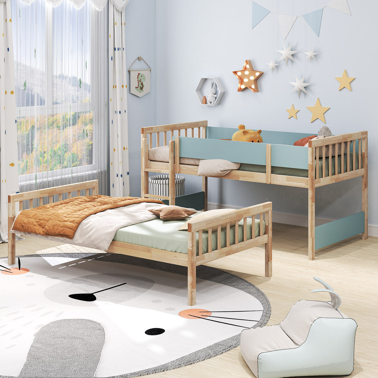 Twin Over Twin Bunk Bed with Ladder and Full-length Guardrails-Natural