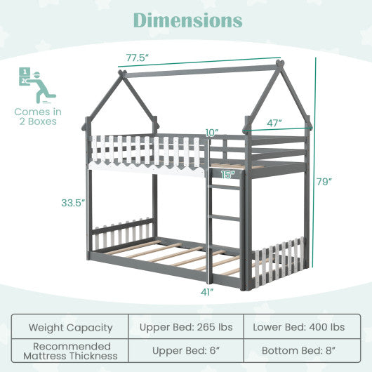 Twin Over Twin Bunk Bed with Fence and Ladder for Kids-Gray