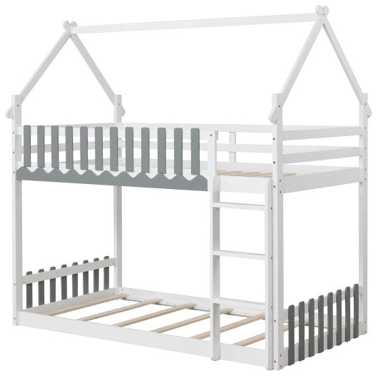 Twin Over Twin Bunk Bed with Fence and Ladder for Kids-White