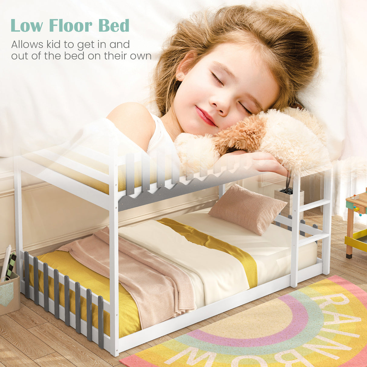 Twin Over Twin Bunk Bed with Fence and Ladder for Kids-White
