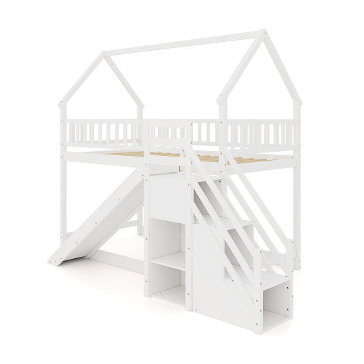 Twin Over Twin Bunk Bed with Slide and Staircase-White