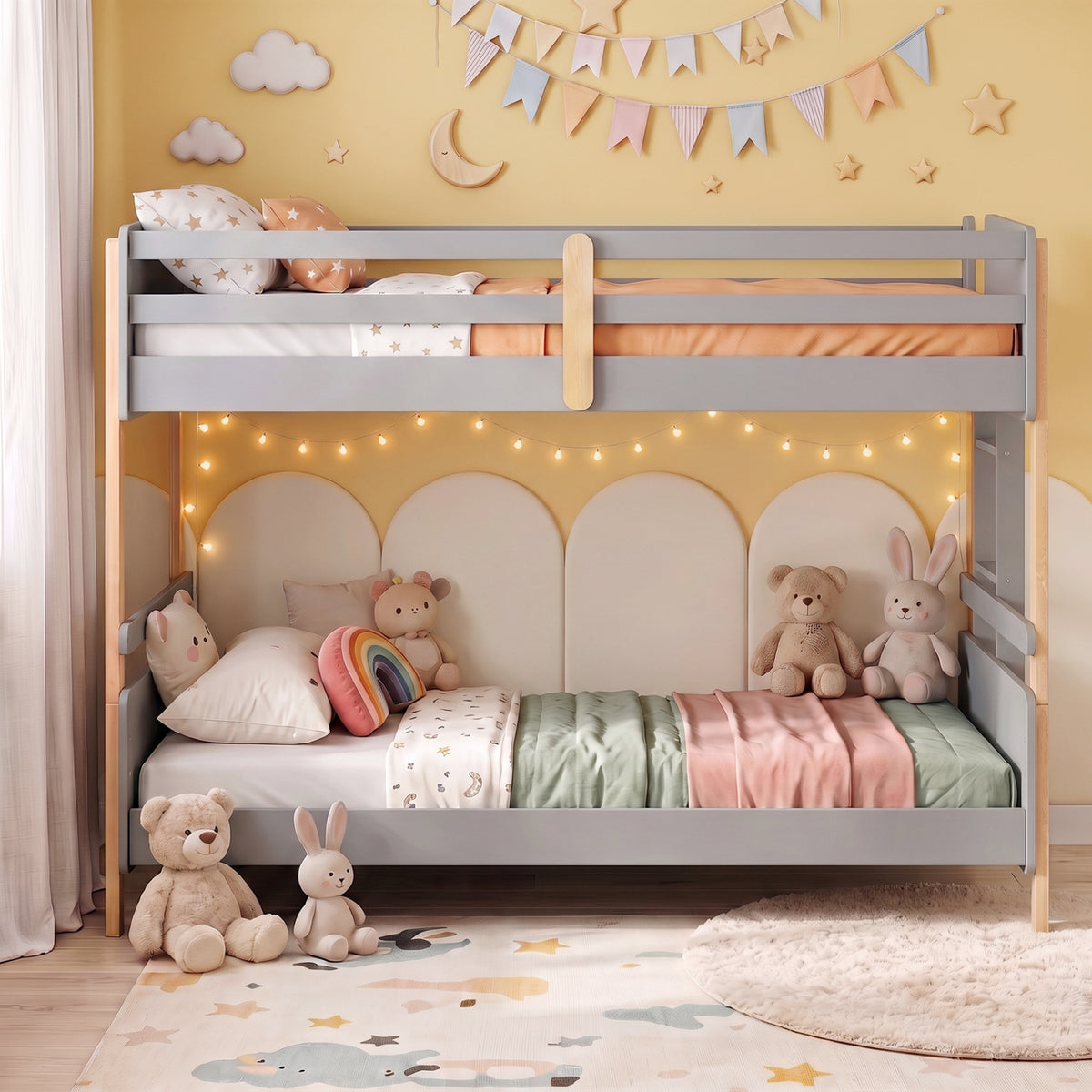 Twin Over Twin Bunk Bed with Ladder Convertible to 2 Twin Beds Toddler Wood Bunk Bed-Grey