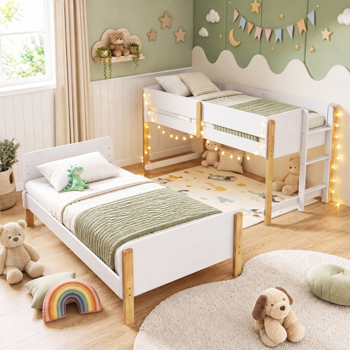 Twin Over Twin Bunk Bed with Ladder Convertible to 2 Twin Beds Toddler Wood Bunk Bed-White