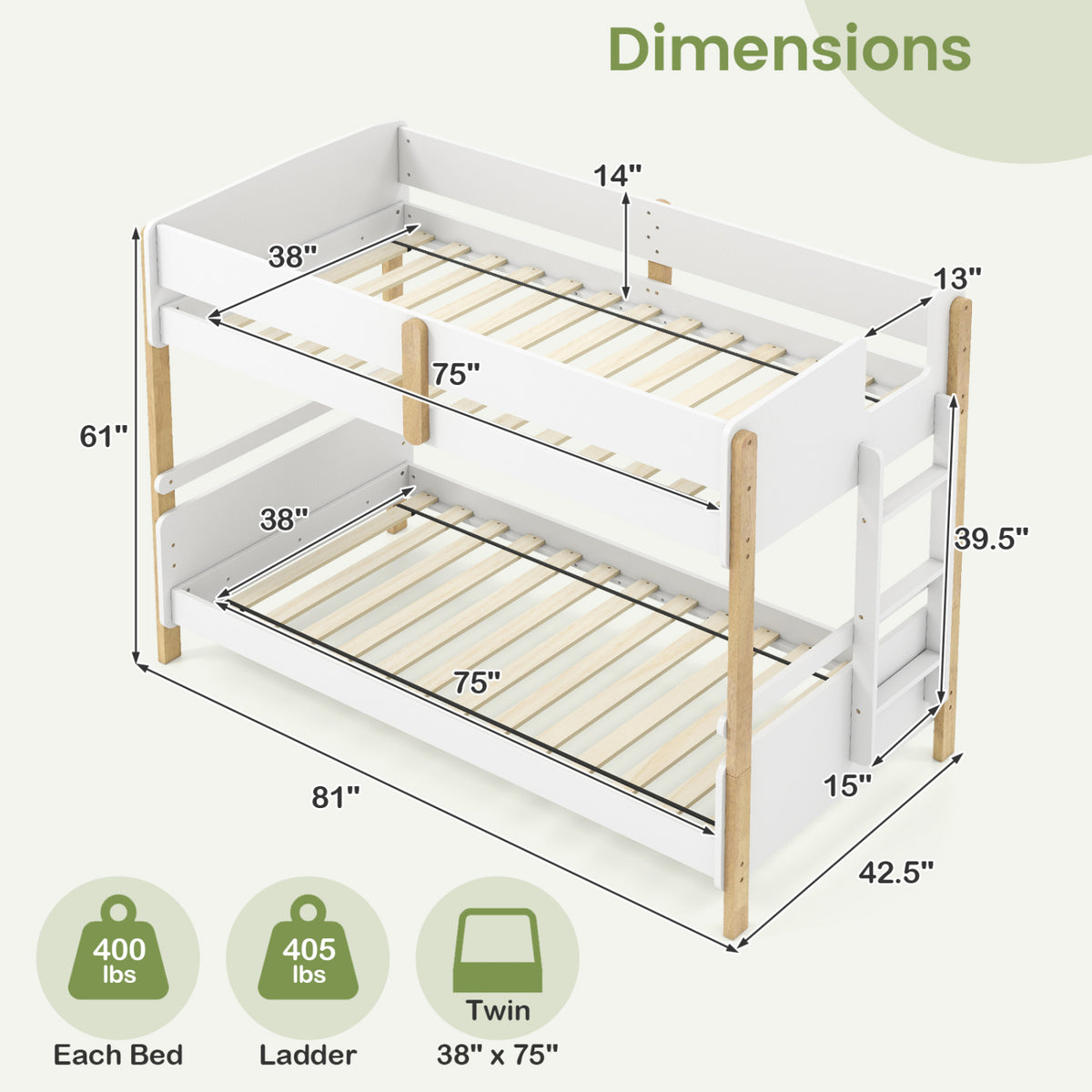 Twin Over Twin Bunk Bed with Ladder Convertible to 2 Twin Beds Toddler Wood Bunk Bed-White