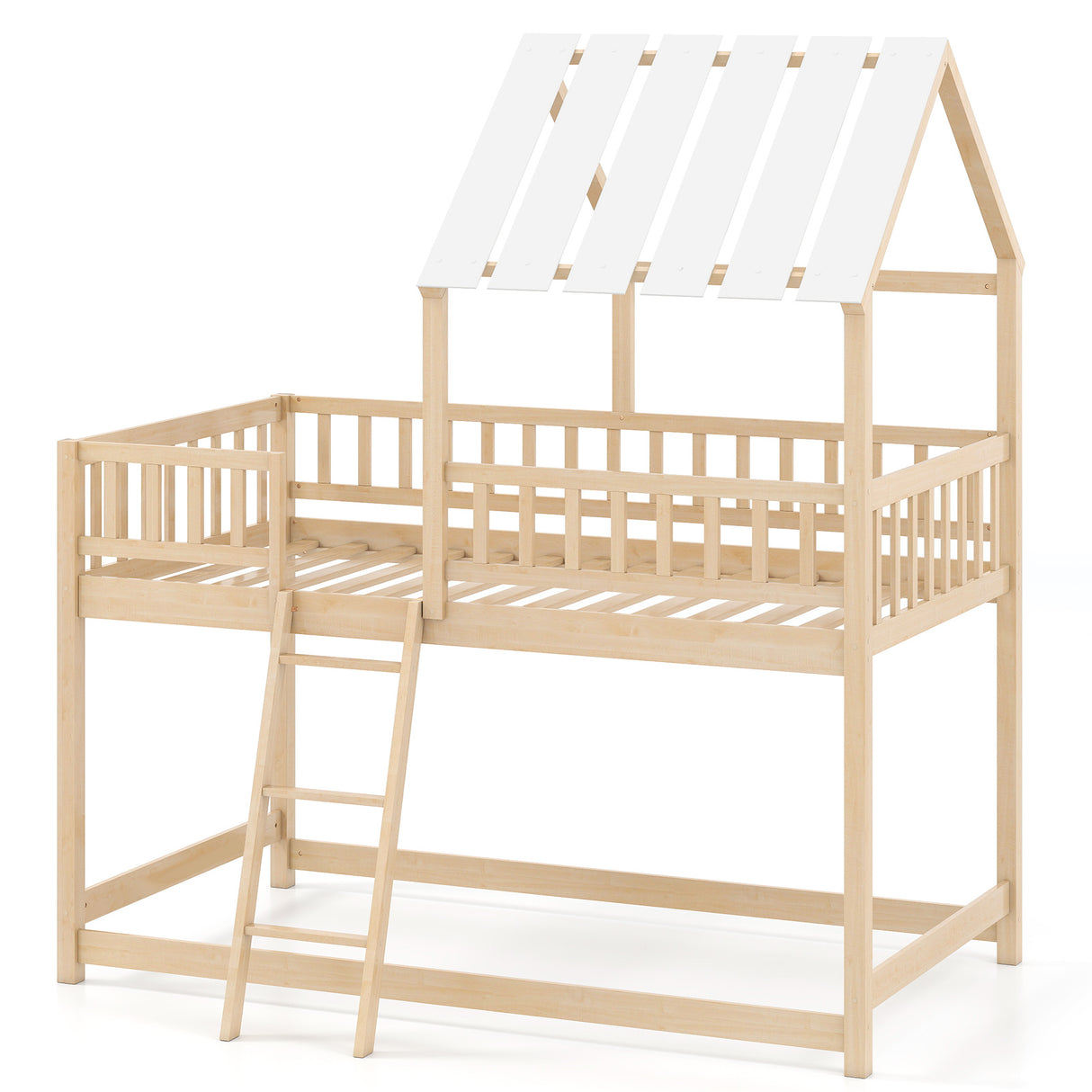 Twin Over Twin House Bunk Bed with Roof and Full-length Guardrails for Kids Teens Boys Girls-Natural