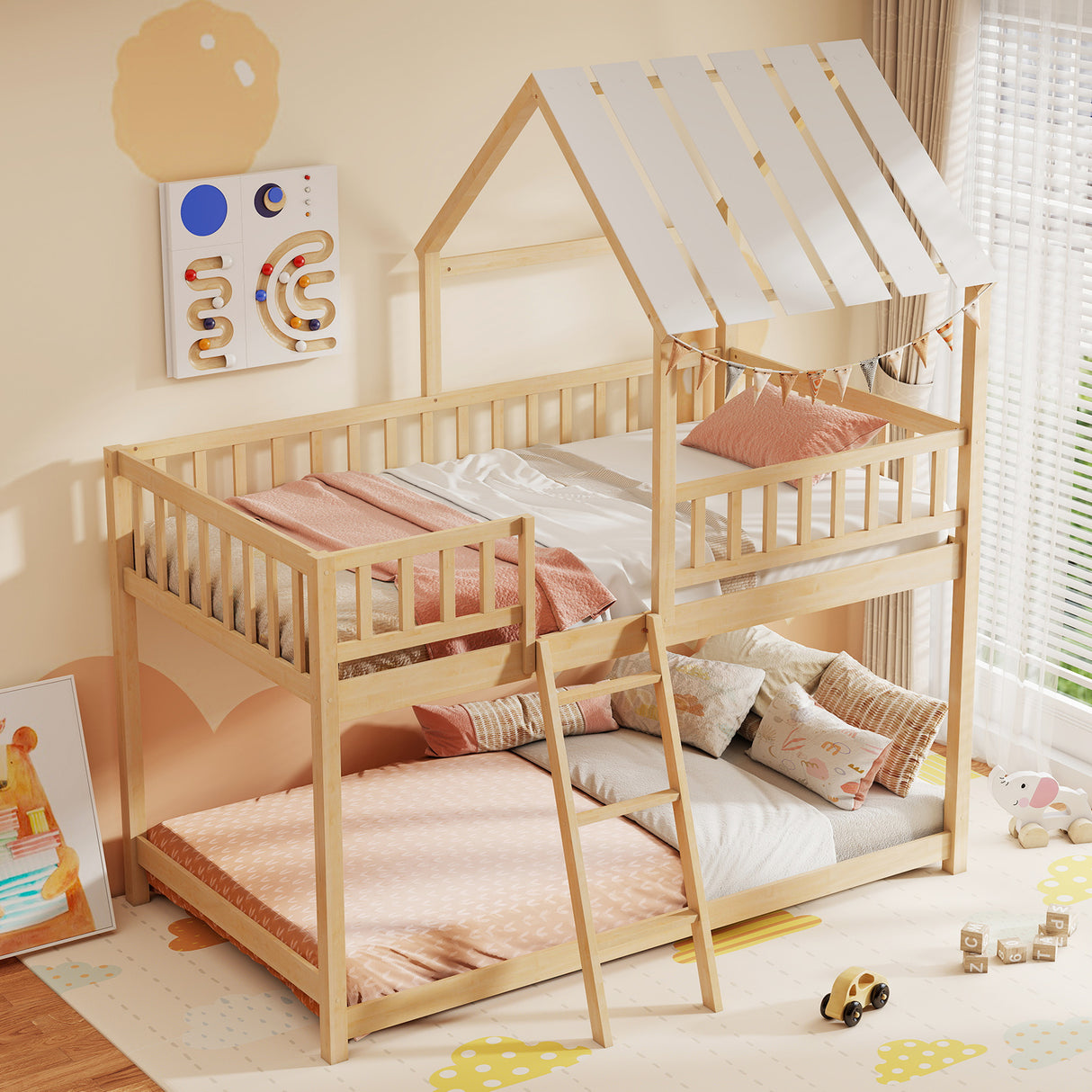Twin Over Twin House Bunk Bed with Roof and Full-length Guardrails for Kids Teens Boys Girls-Natural
