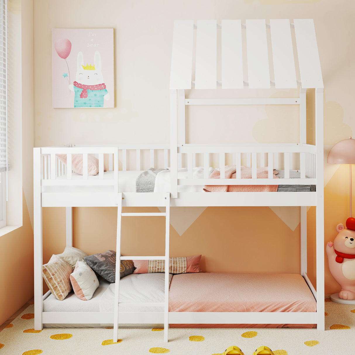 Twin Over Twin House Bunk Bed with Roof and Full-length Guardrails for Kids Teens Boys Girls-White
