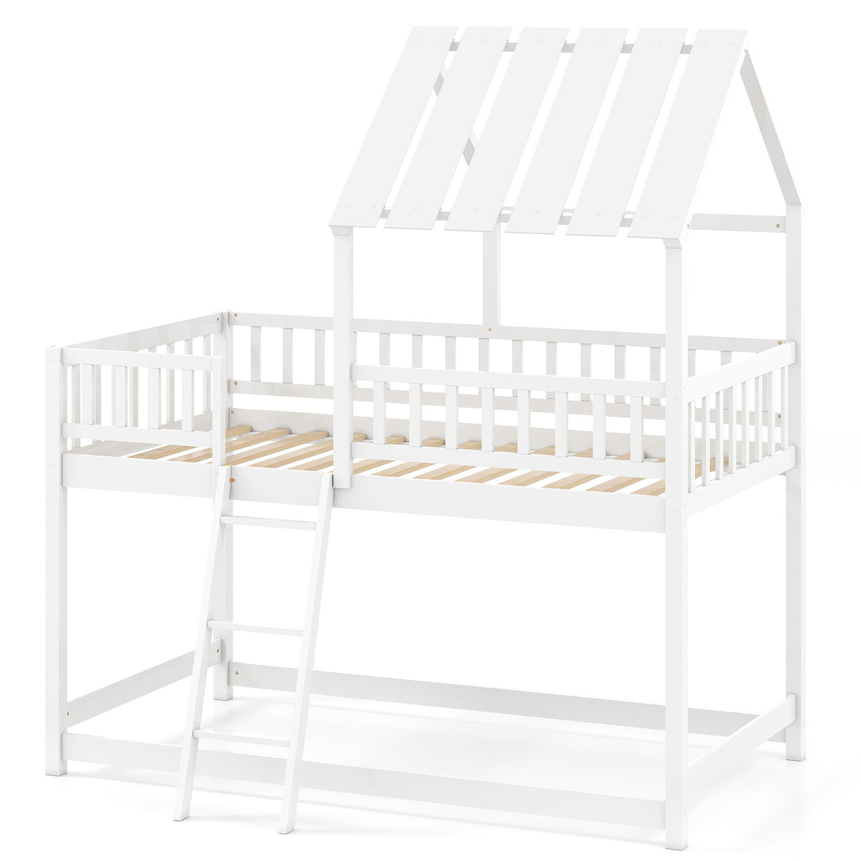Twin Over Twin House Bunk Bed with Roof and Full-length Guardrails for Kids Teens Boys Girls-White
