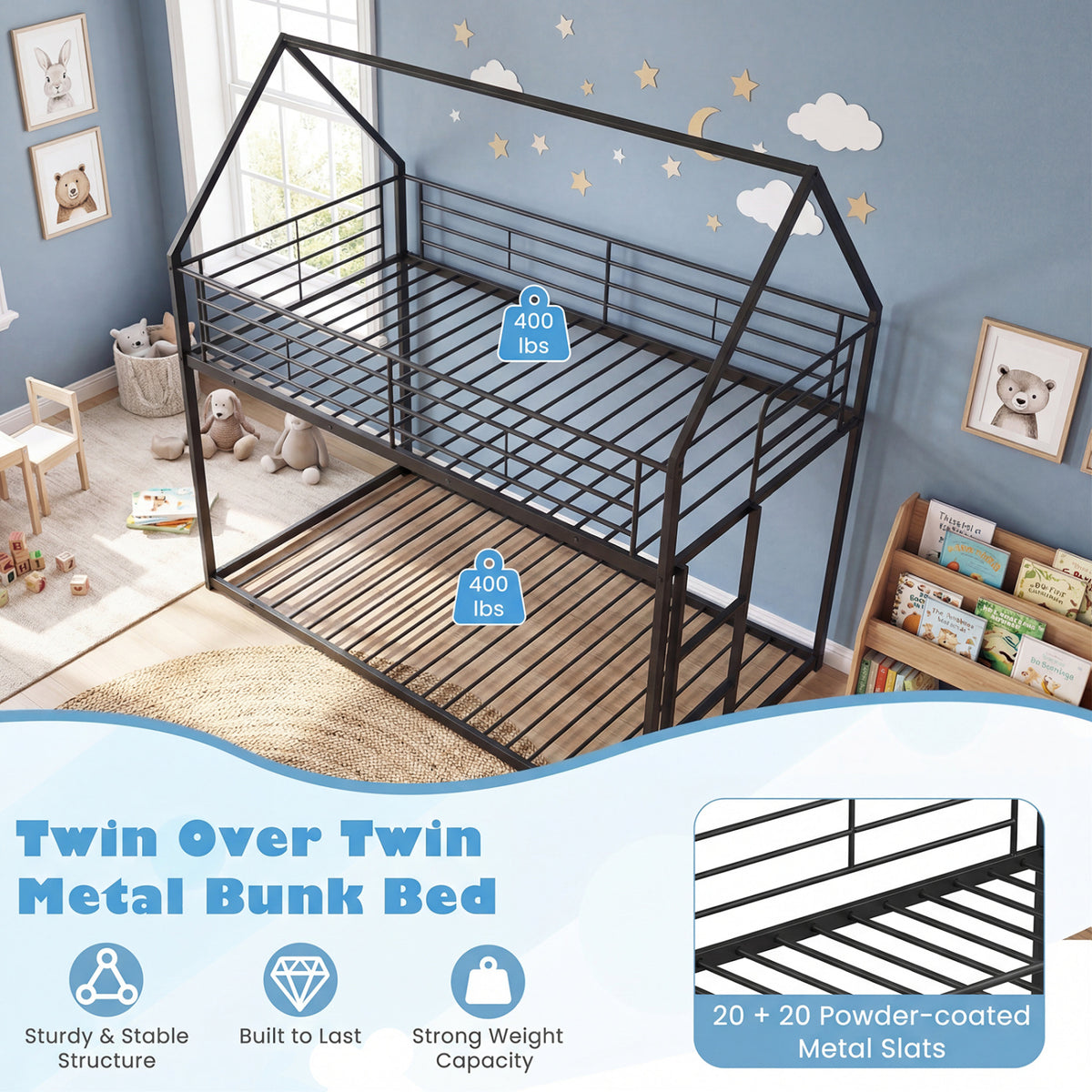 Twin Over Twin Metal Bunk Bed with Roof and Ladder-Black