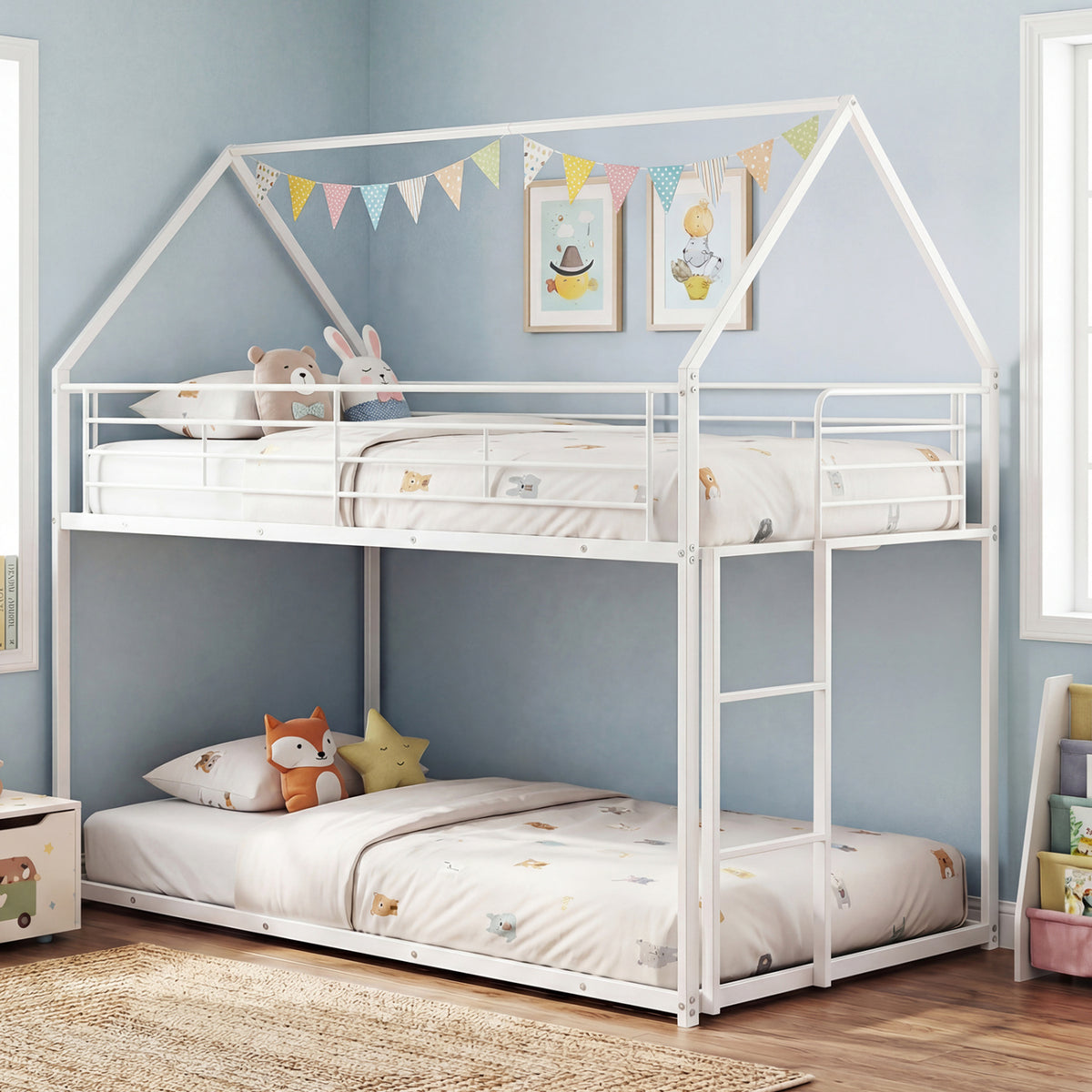Twin Over Twin Metal Bunk Bed with Roof and Ladder-White