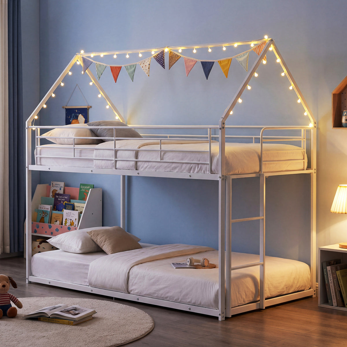 Twin Over Twin Metal Bunk Bed with Roof and Ladder-White