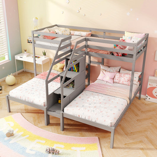 Twin Over Twin and Twin Bunk Bed with Storage Staircase and Guardrail for 3 Kids Teens-Gray