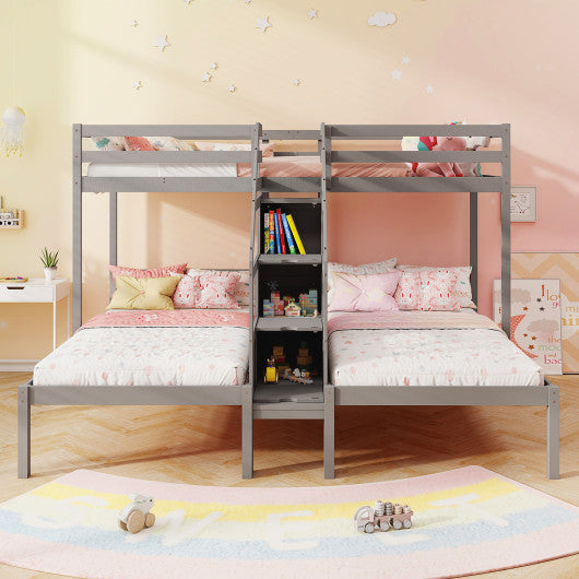 Twin Over Twin and Twin Bunk Bed with Storage Staircase and Guardrail for 3 Kids Teens-Gray
