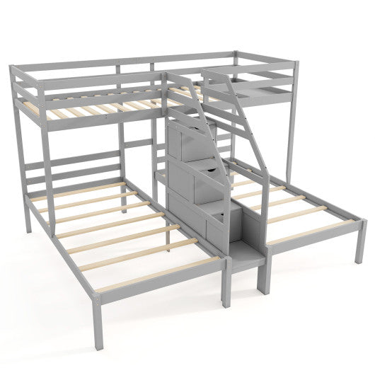 Twin Over Twin and Twin Bunk Bed with Storage Staircase and Guardrail for 3 Kids Teens-Gray