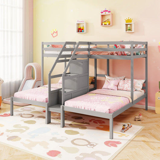 Twin Over Twin and Twin Bunk Bed with Storage Staircase and Guardrail for 3 Kids Teens-Gray
