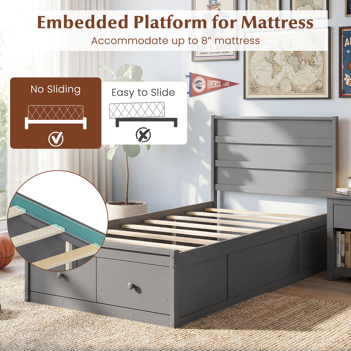 Twin Size Bed Frame with Storage Drawers and Headboard-Gray