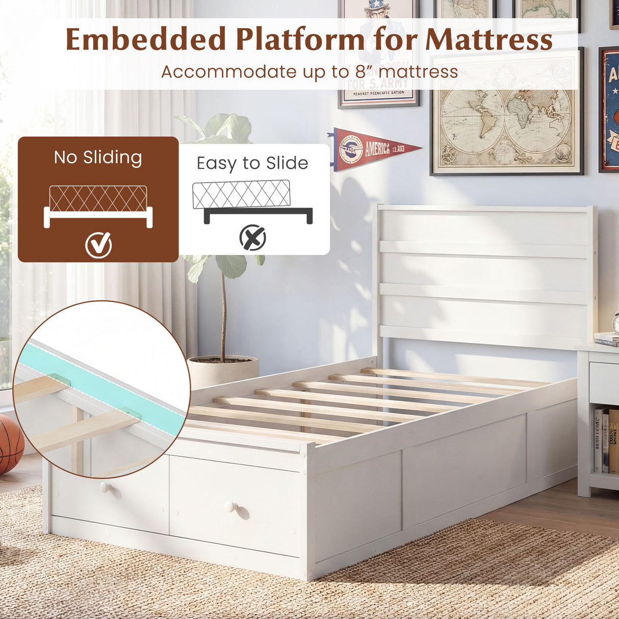 Twin Size Bed Frame with Storage Drawers and Headboard-White