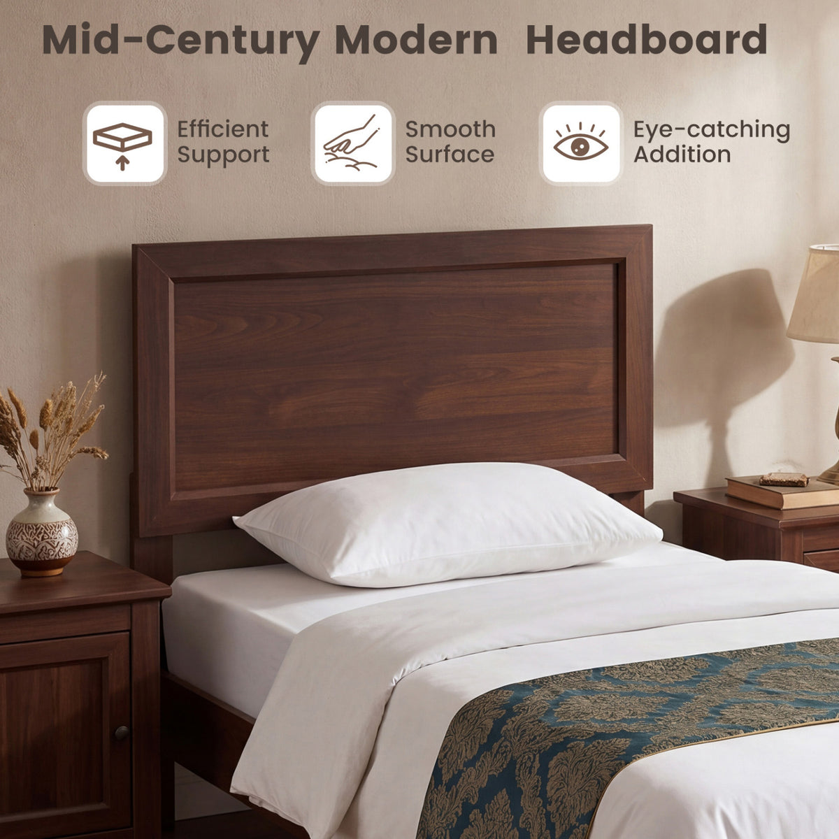 Twin Size Bed Frame with Headboard for Small Room No Box Spring Needed-Walnut