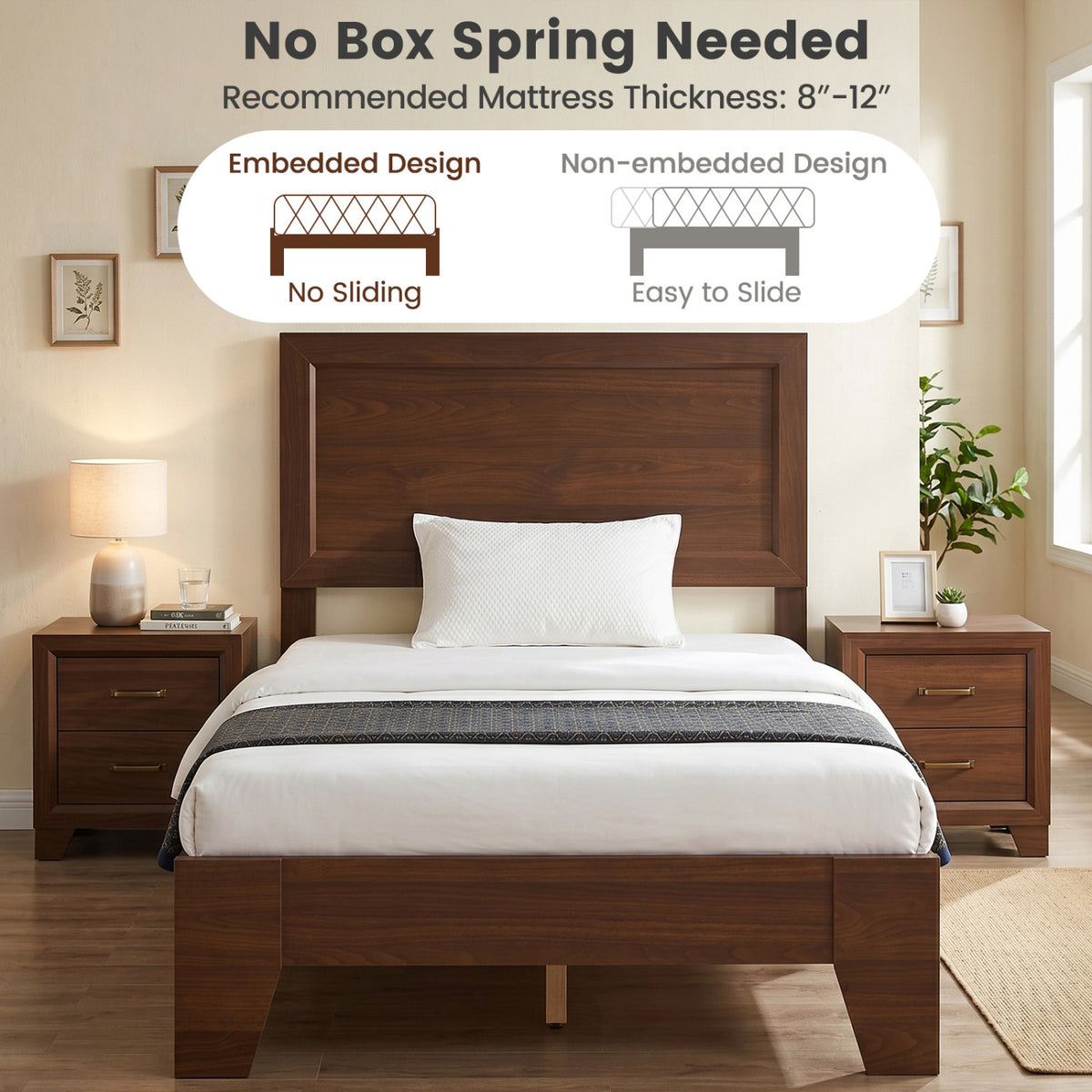 Twin Size Bed Frame with Headboard for Small Room No Box Spring Needed-Walnut