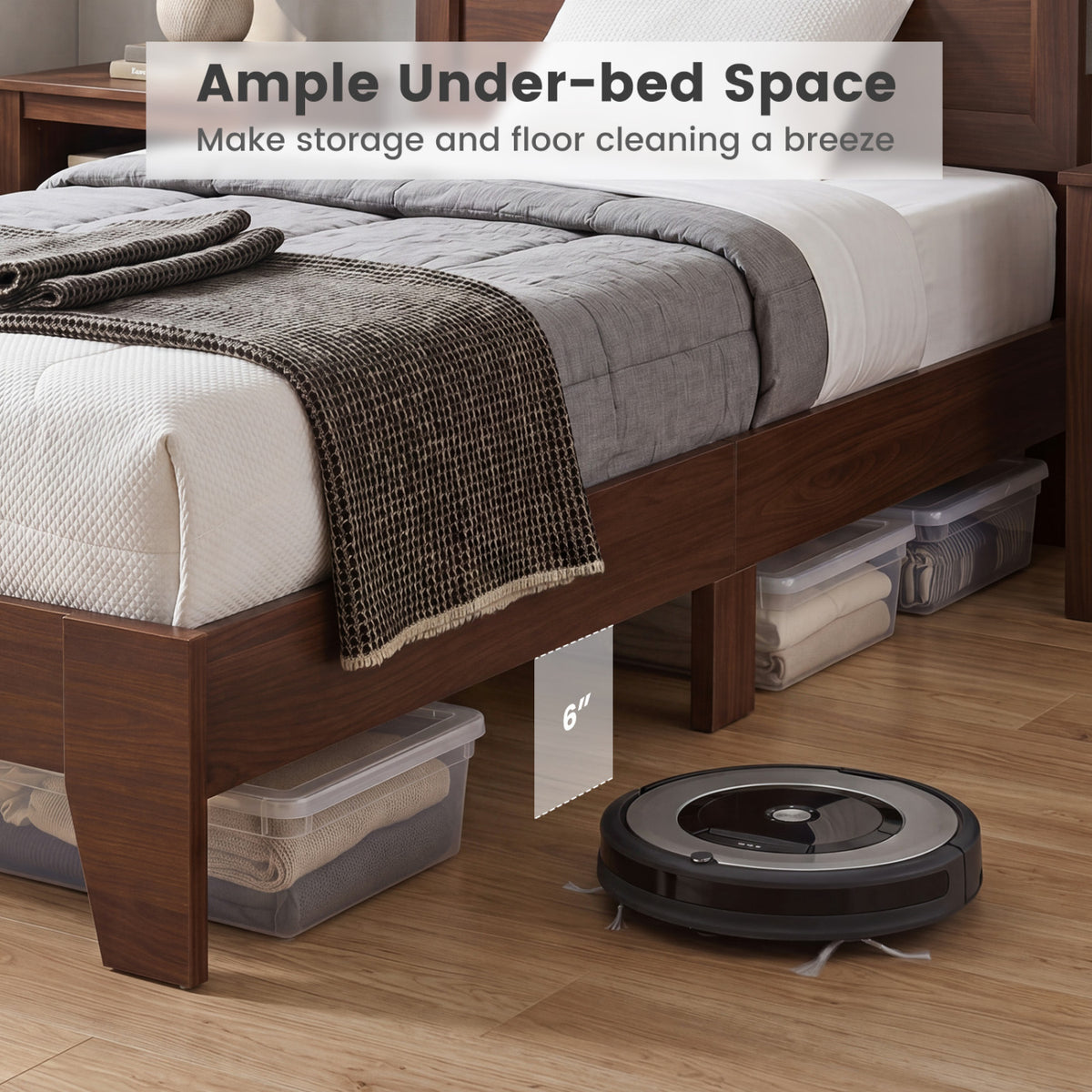 Twin Size Bed Frame with Headboard for Small Room No Box Spring Needed-Walnut