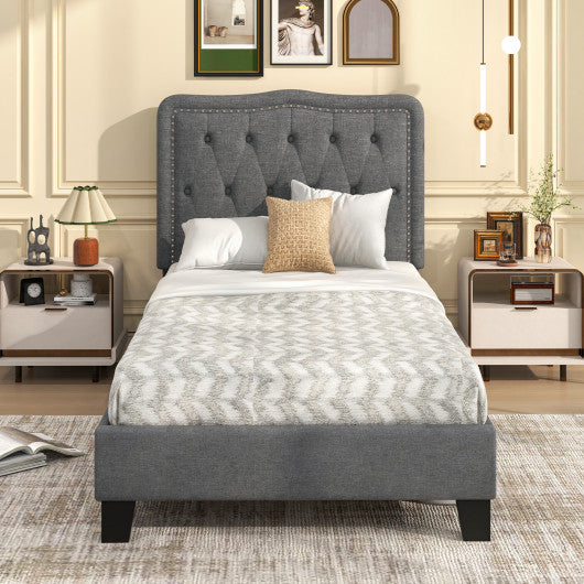 Twin Size Bed Frame with 46 Inch Tall Button Tufted Headboard-Gray