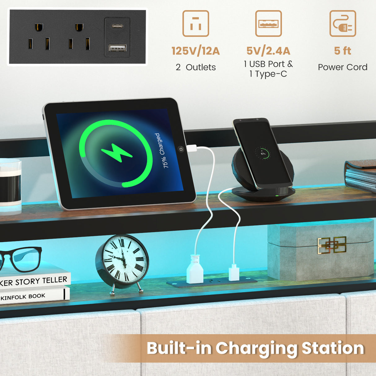 Twin/Full/Queen/King Size Bed Frame with LED Light and Charging Station-Twin Size