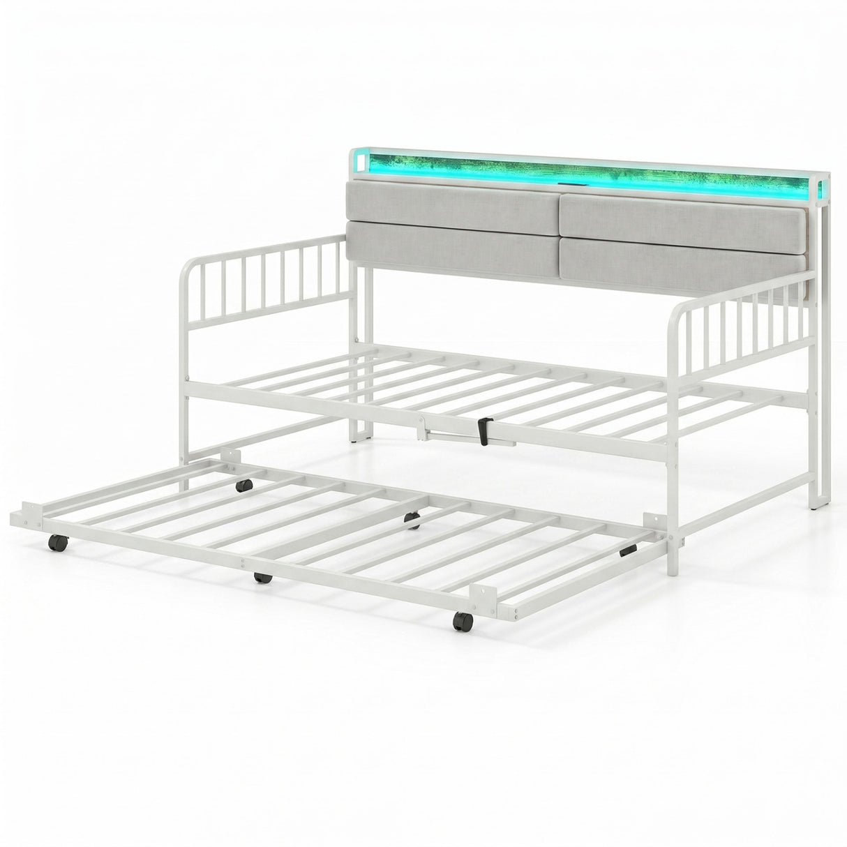 Twin Size Daybed with Trundle and Metal Bed Frame with Headboard-White