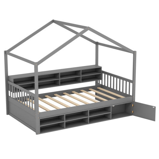 Twin Size House Bed with Roof with 14 Storage Cubes and Enclosed Cabinet-Gray